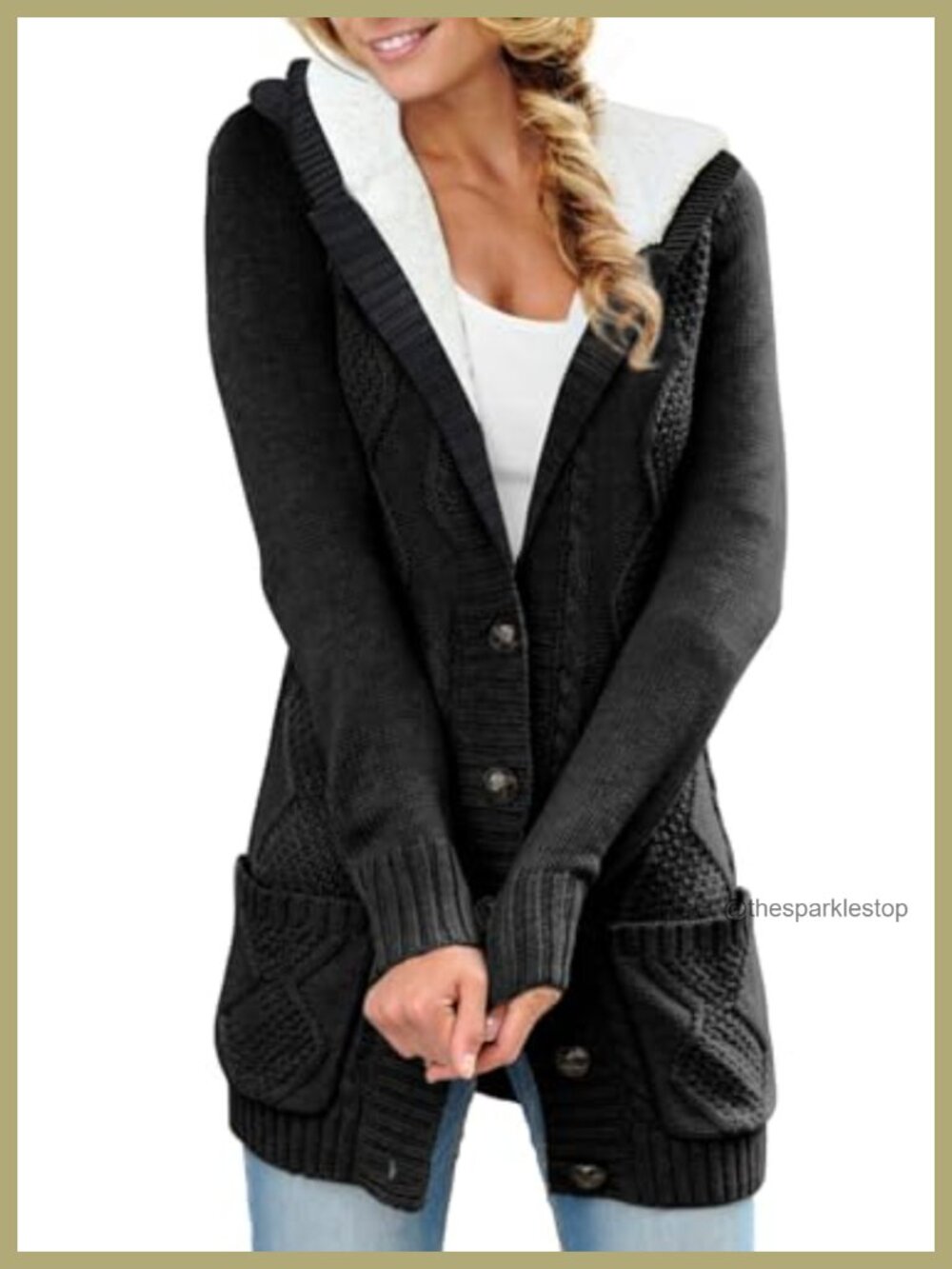 Cable Knit Fleece Lined Hooded Cardigan Sweater Button Open Front